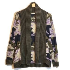 Anthropologie Sleeping on Snow Camo Print Cardigan Sweater Green Cream Cozy XS